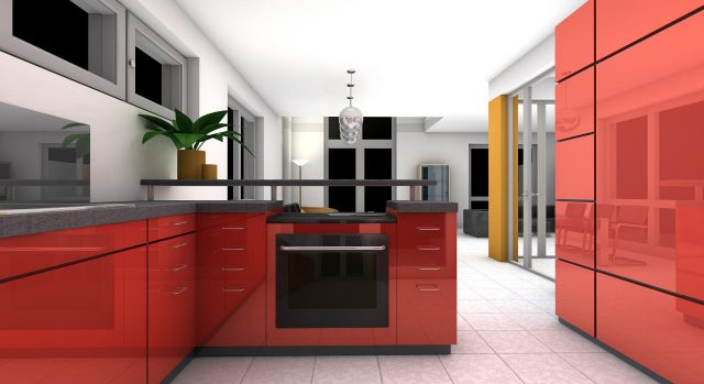 Projekt kuchni - duża przestrzeń, czerwono biały wystrój, nowoczesna